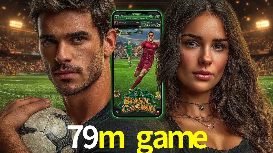 Homem segurando uma bola de futebol e uma mulher ao lado de um smartphone exibindo o jogo de apostas esportivas da 79m game. Faça seu palpite no cassino online.